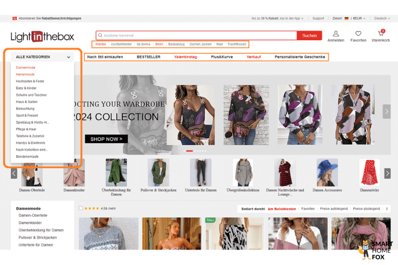 Die Kategorien des LightInTheBox Onlienshops sind zu sehen und markiert.